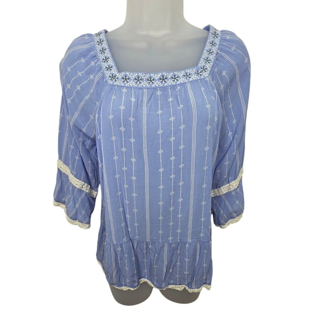 435 Matilda Jane Blue 3/4 Sleeve Boho Embroidery Striped Casual Cottage Core Top